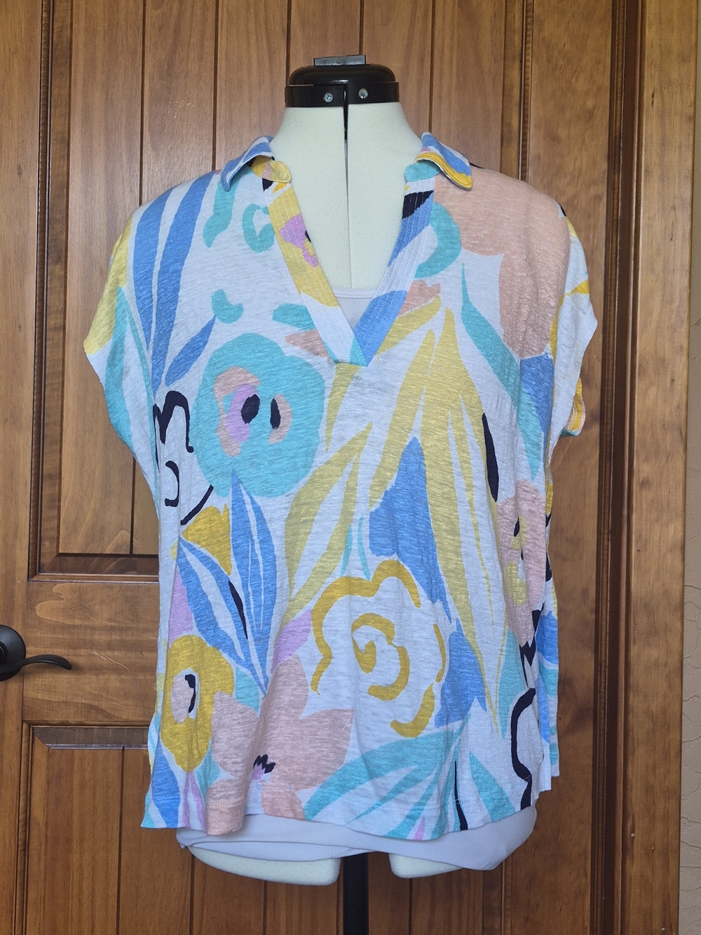 Rachel Zoe Pastel Floral Collared V-Neck Tee - Aqua, Yellow, Pink, Blue
